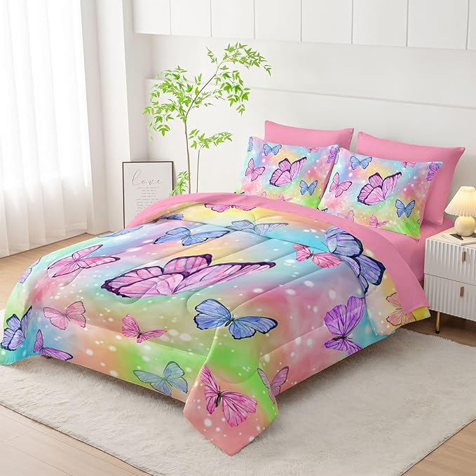 7Pcs Comforter Set Rainbow Butterfly Printed Bedding Set with 1 Comforter, 1 Flat Sheet, 1 Fitted Sheet and 4 Pillowcases for Boys and Girls Bedroom All Season(Full)