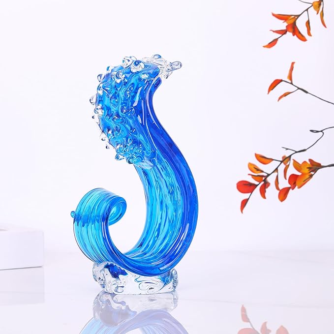 LCCCK Blue Glass Beach House Decor, Hand Blown Ocean Wave Decorate, Tall Blue Glass Sculpture Home Decor, Ocean Wave Fused Art Figurines, for Sea Art Beach Coastal Nautical Office Surfers Gifts