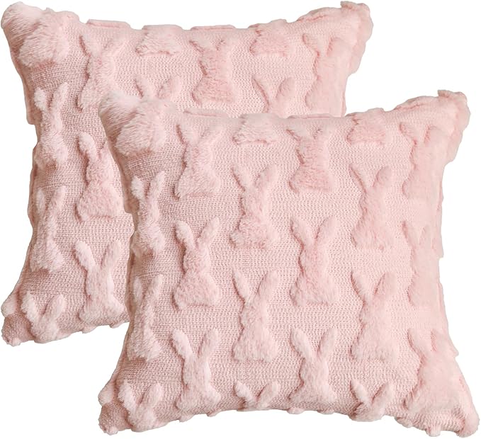 AVOIN colorlife Easter Rabbits Pink Throw Pillow Covers, 18 x 18 Inch Bunny Soft Plush Faux Fur Jacquard Cushion Case Decoration for Sofa Couch Set of 2