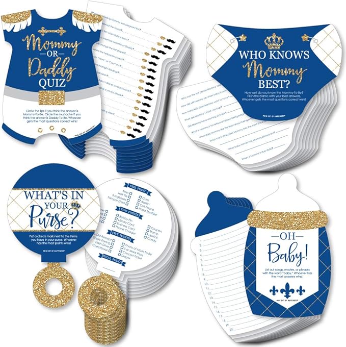 Big Dot of Happiness Royal Prince Charming - 4 Baby Shower Games - 10 Cards Each - Who Knows Mommy Best, Mommy or Daddy Quiz, What’s in Your Purse and Oh Baby - Gamerific Bundle
