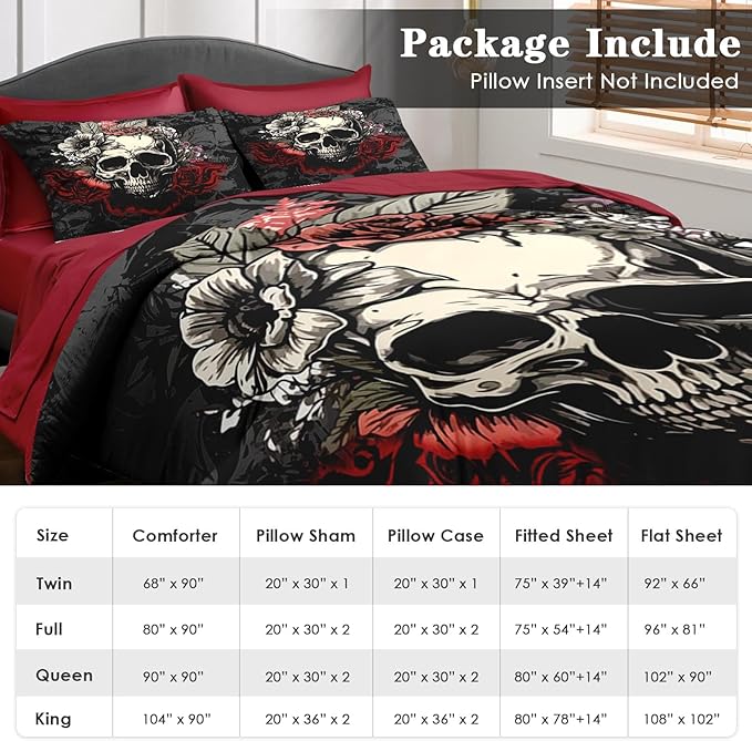 Comforter Set King Size, Rose Vintage 7 Pcs Bedding for Adults, Rock Roll Bone Death Bed Sheet Sets with Fitted Sheet 2 Pillowcases & 2 Shams for Bedroom Bed Decor