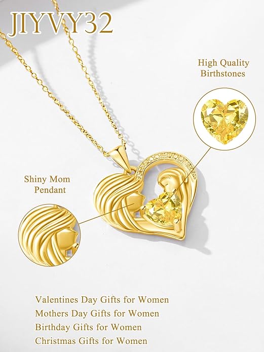 Mother and Daughter/Son Love Heart Necklace White Gold/14K Gold/Rose Gold Birthstone Jewelry Christmas Mothers Day Birthday Gifts For Mom Wife Grandma Women