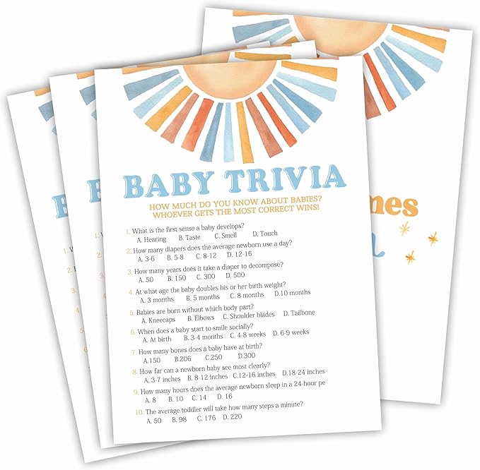 Sunshine Baby Trivia Shower Game Kit - Retro Here Comes The Sun - 30 Fill In Game Cards & 1 Answer Card For Baby Shower, Gender Reveal Party Favor, Activity & Supplies - D07