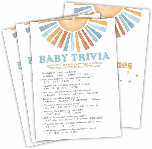 Sunshine Baby Trivia Shower Game Kit - Retro Here Comes The Sun - 30 Fill In Game Cards & 1 Answer Card For Baby Shower, Gender Reveal Party Favor, Activity & Supplies - D07