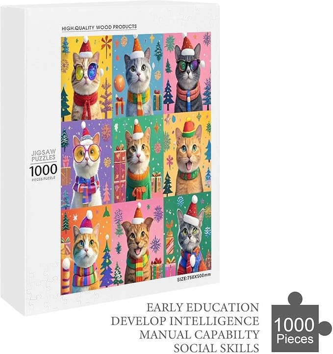Wooden Puzzle 1000 Pieces Adult - Christmas Dog Cat Puzzle Christmas Puzzles, Holiday Puzzles, Family Toys, Party Games, Jigsaw Puzzle Challenge and Funny