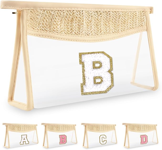 Personalized Initial Letter Bag Boho Straw Clear Makeup Bag,Small Cute Chenille Varsity Letter Bag With Zipper,Beach Travel Toiletry Bag,Portable Monogrammed Cosmetic Bag for Women Girls,B