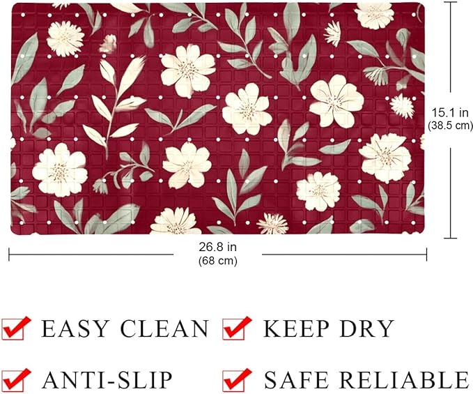 Bath Tub Mat Non Slip 15.1 x 26.8 Inch, Small White Flowers and Leaves on Deep Red Background Eco Friendly Bathmat with Suction Cups Drain Holes Shower Tub Mats