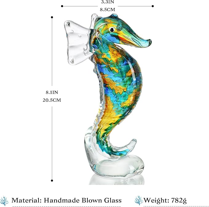 QFkris 8" Handmade Blown Glass Blue Seahorse Figurines Collectible Art Glass Blown Animal Sculpture for Home Decor