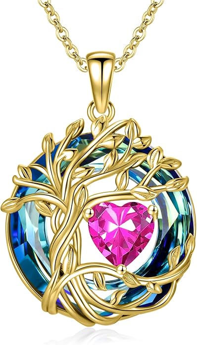 TOUPOP Tree of Life Birthstone Necklace 925 Sterling Silver Pendant Austrian Crystal Jewelry Anniversary Valentine's Day Birthday Gifts for Women Mom Her Wife
