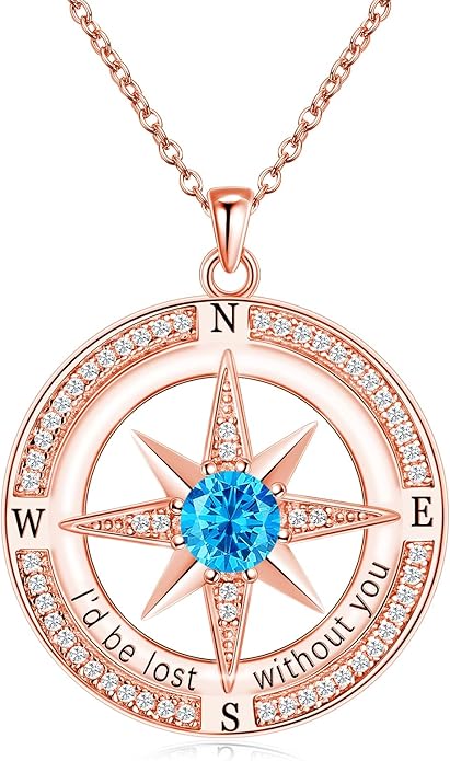 S925 Necklace Birthstone Compass Gift for Women Jewelry Sterling Silver Necklace for Wife Wedding Anniversary Girlfriend Birthday Gifts for Her Valentines Day Mom Mothers Day