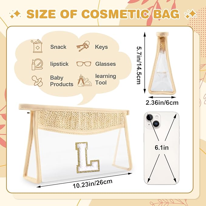 Personalized Initial Letter Bag Boho Straw Clear Makeup Bag,Small Cute Chenille Varsity Letter Bag With Zipper,Beach Travel Toiletry Bag,Portable Monogrammed Cosmetic Bag for Women Girls,L