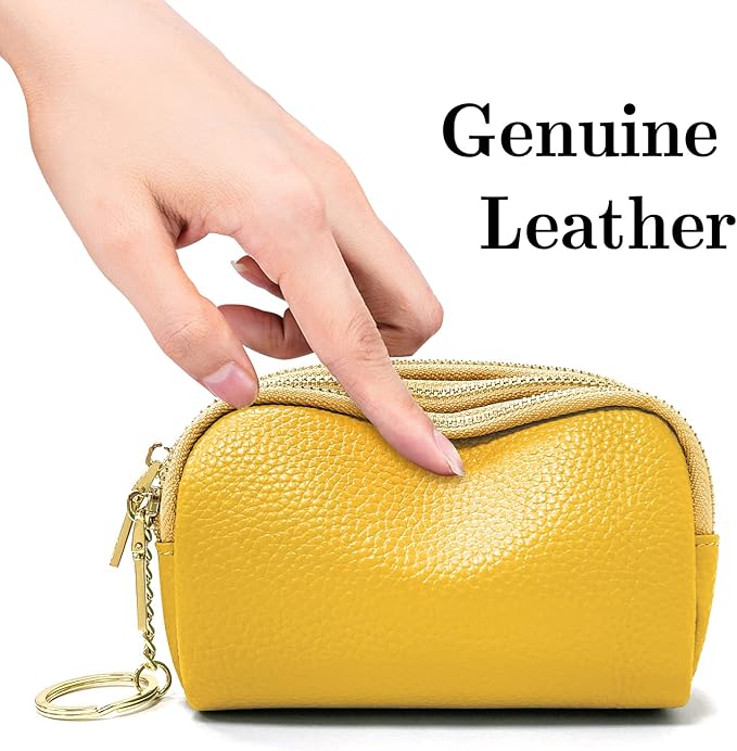 LINNO 3 Zippered Genuine Leather Coin Purse Triple Capacity Change Pouch Little Travel Wallet With Key Ring for Women