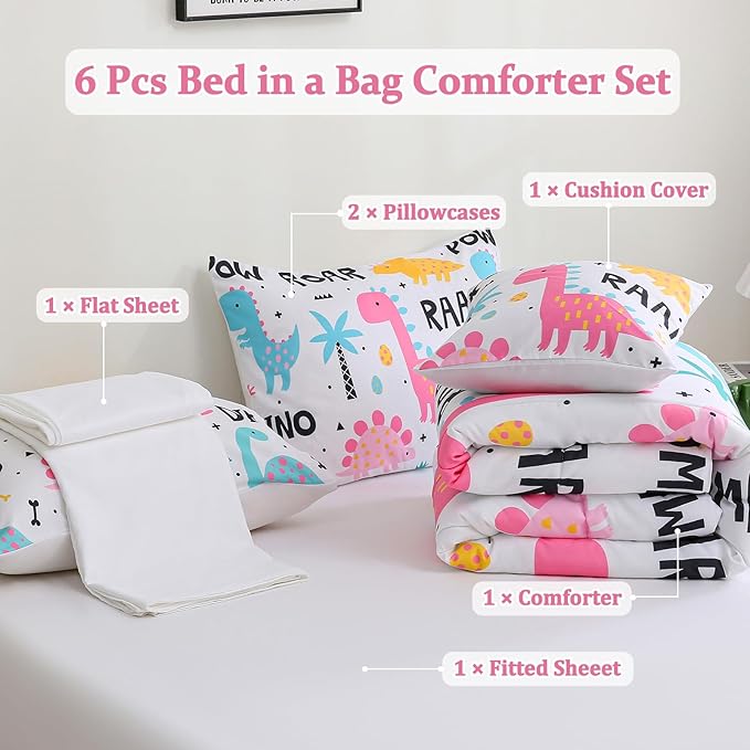 6 Pcs Bed in A Bag Dinosaur Bedding Full Comforter Set for Girls,Pink Dinosaur Bedding Sets with Sheets for Kids