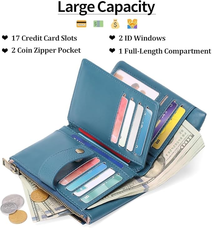 Practical Genuine Leather Wristlet Wallet for Women with Double Zipper Coin Purse and Card Organization (Blue)