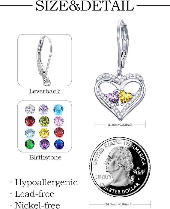 Heart Leverback Earrings Double Birthstone Dangle Earrings for Women, Love Jewelry for Her, Christmas Gifts for Women, Anniversary Birthday Gift for Mom Wife Girlfriend