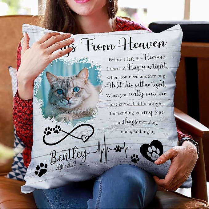 Personalized Pet Memorial Throw Pillow (Insert Included), Hugs from Heaven Cat Memorial Pillow, Cat Memorial Gifts for Loss of Cat, Cat Remembrance Gifts, Cat Memorial Gifts, Pet Loss Gifts