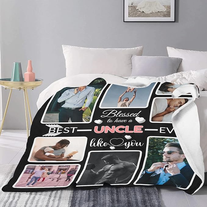 Custom Blanket Gifts for Uncle, Customized Blankets with Photos, Make a Personalized Bed Throws to My Uncle, Custom Souvenir Throw Blanket for Best Uncle Ever, 8 Collages Made in USA
