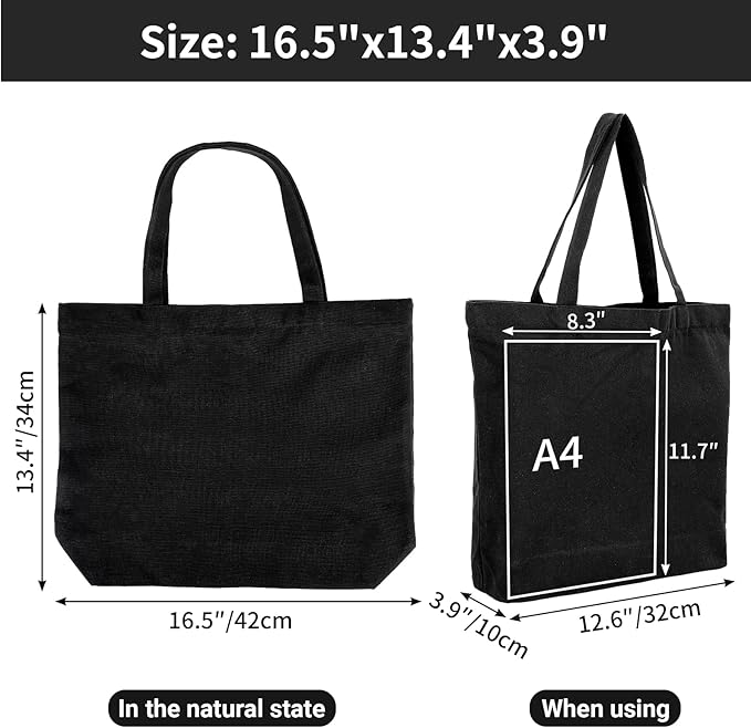Segarty Black Canvas Tote, 6 Packs 16x15 inch Canvas Bags with Zipper, 12Oz Heavy Duty Reusable Grocery Shopping Plain Tote Bag Bulk for Women Crafts Painting Embroidery Gift