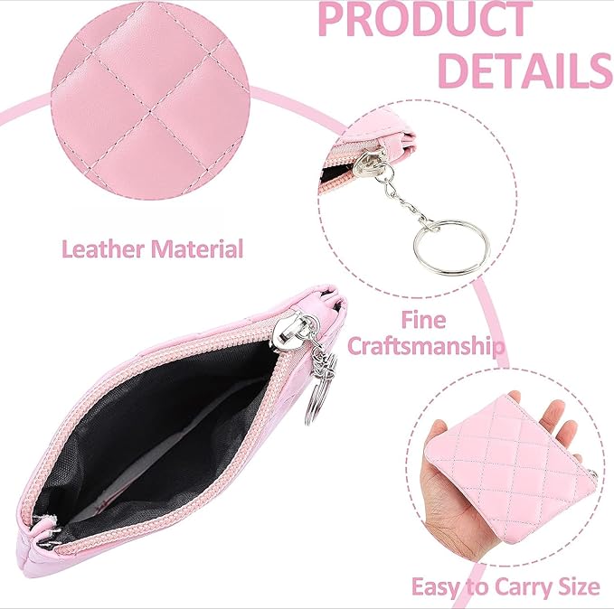 Real Leather Coin Purse with Rhombus Embroidery Zipper Keychain Mini Wallet for Women & Men (Pink)
