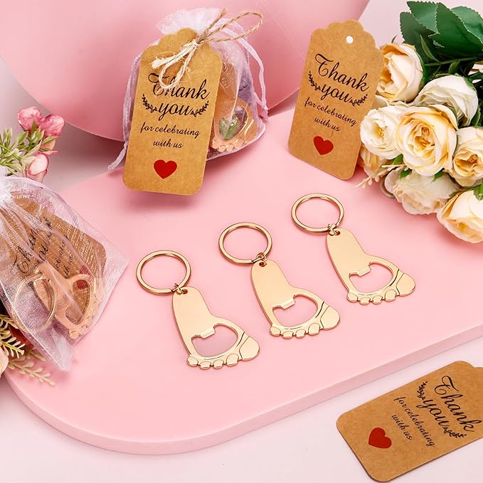 50 Pcs Footprint Keychain Bottle Opener Baby Shower Return Favors For Guests Baby Foot Bottle Opener Gift Baby Shower Party Favors Or Souvenir Guest With Organza Bags And Thank Tags