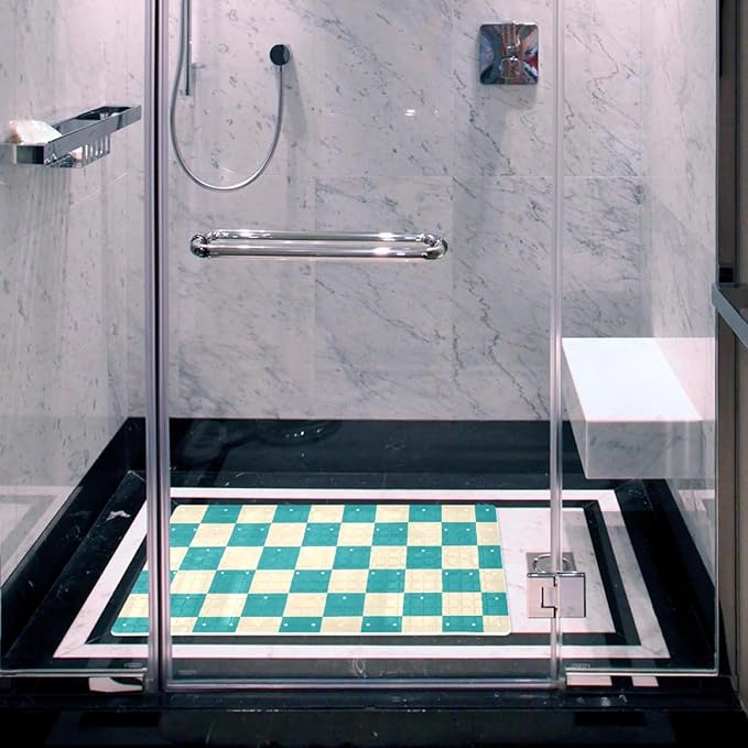 Bathtub Mats for Shower Tub, Squares of Turquoise and Cream Anti-Slip Bath Mats for Inside Tub, Bathroom Shower Mats with Drain Holes and Suction Cups