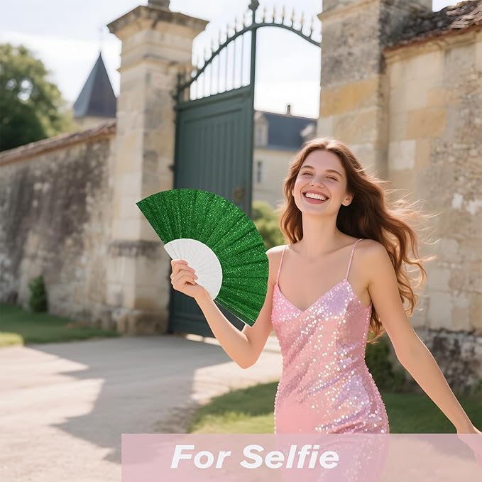 24 Pack Handheld Fan,Folding Hand Glitter Fan with Shining Transparent Fan Rib – Ideal for Wedding, Church, Festival, Dance, Tea Party, Club, and EDM Accessories, Light Green