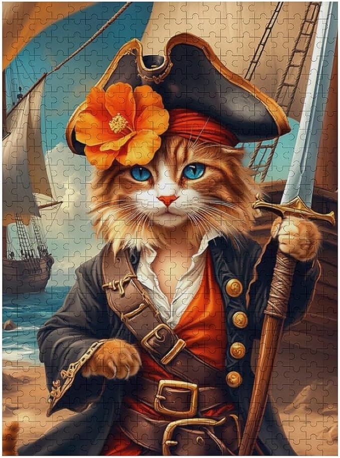 Wooden Puzzle - Classic Pirate Cat Leader Jigsaw Puzzles，Wooden Puzzles for Adults 500 Pieces Challenge Puzzles，Educational Games，Family Puzzles，Unique Gifts for Wall Art