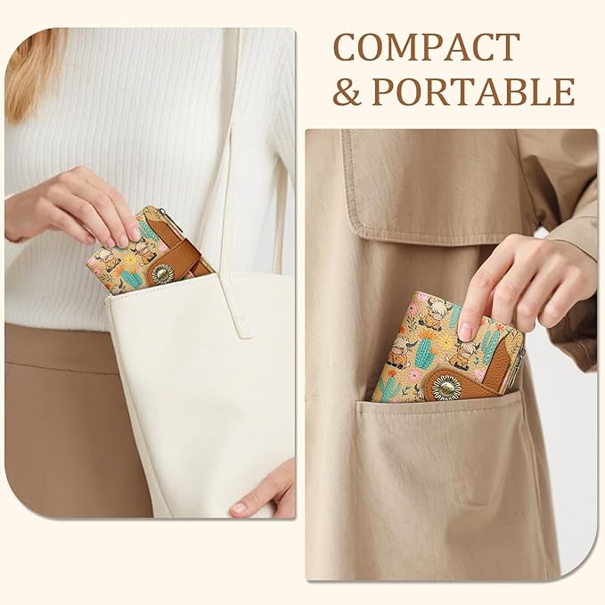 Highland Cow Small Wallet Women RFID Blocking Bifold, Cute Credit Card Holder, Zipper Coin Pocket, PU Leather, Compact, Travel, 4 ID Window, 14 Card Slots, Western, Cash Purse, Ladies Woman