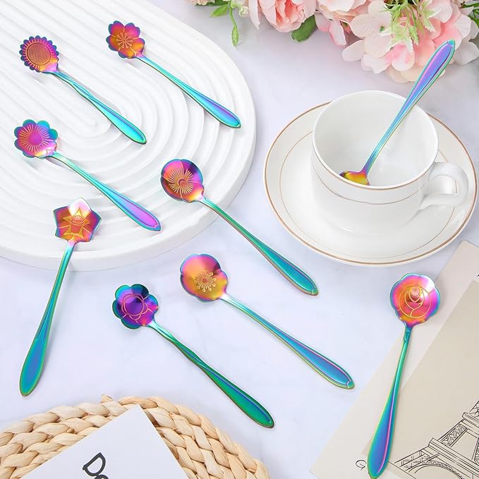 EBOOT 40 Pcs Rainbow Flower Teaspoon Stainless Steel Tea Party Spoons Mini Cute Teaspoon for Stirring Coffee Sugar Drink Demitasse Kitchen Bar Tableware Party Favors Decorations