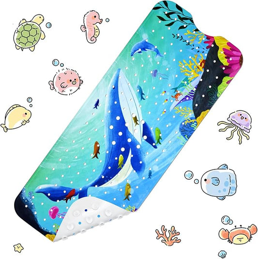 Vanleonet Baby Bath Mat for Tub for Kids, 40''x16'' Extra Long Bathtub Mat Non Slip, Toddler Bath Mat Non-Slip for Tub with Suction Cups & Drain Holes, Machine Washable,Whale