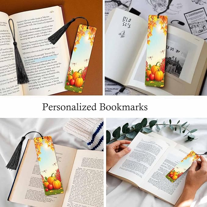 Thanksgiving Bookmarks 5 Pcs Autumn Pumpkin Fruit Maple Leaves Wooden Bookmark with Tassels for Reading Book Lovers Gift Office School Readers Teacher
