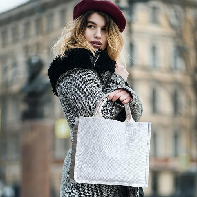 Segarty Tote Bags, 3 Pack Small White Burlap Jute Reusable Canvas Gift Favors Bag with Handles Blank Tote Bulk for Bridesmaid Wedding, Women Market Grocery Shopping, Bachelorette Party, Beach Trip