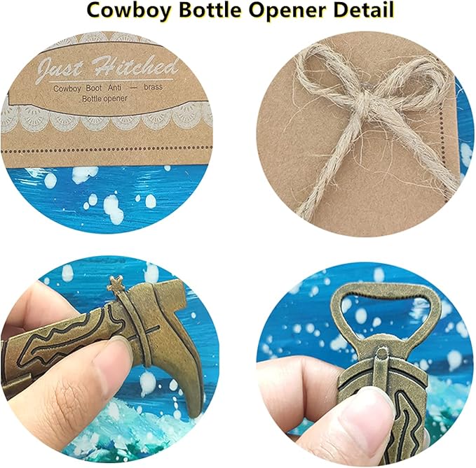 24PCS Cowboy Boot Bottle Opener "Just Hitched"Stainless Steel Opener Wedding Favor Perfect Gifts Vintage Bridal Shower Birthday Baby Shower Party Decorations (Cowboy Boot, 24)