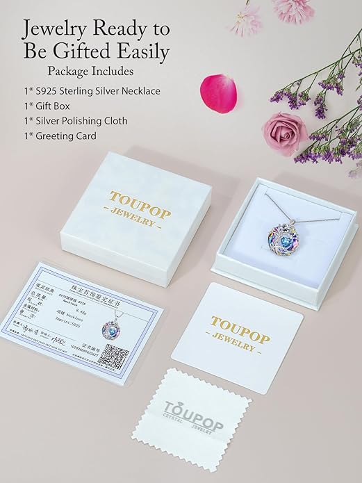 TOUPOP Tree of Life Birthstone Necklace 925 Sterling Silver Pendant Austrian Crystal Jewelry Anniversary Valentine's Day Birthday Gifts for Women Mom Her Wife