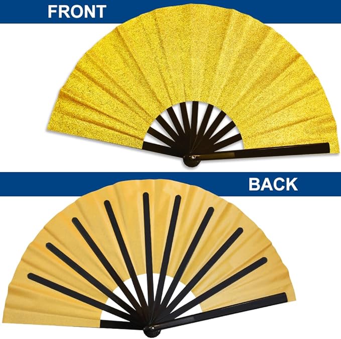Large Gold Glitter Hand Fan - For Parties, Events, Raves, Indoor, Outdoor Use - 25" Wide Foldable Hand Fan
