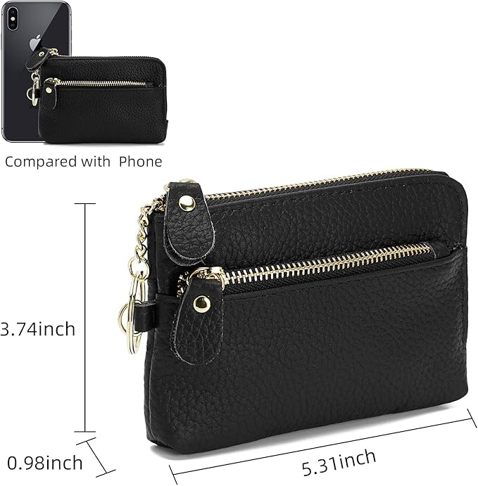 Genuine Leather Coin Purse for Women with Large Opening & Wrist Strap Navy (Black)