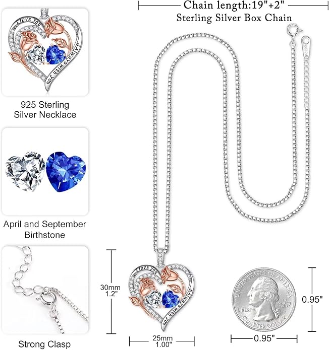 Iefil Valentines Day Gifts for Her - 925 Sterling Silver Rose Heart Birthstone Necklace Birthday Anniversary Jewelry Gifts for Her Wife Mom Daughter