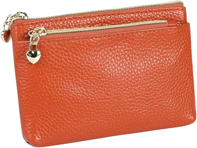Women's Genuine Leather Coin Purse Zipper Pocket Size Pouch Change Wallet, Brown
