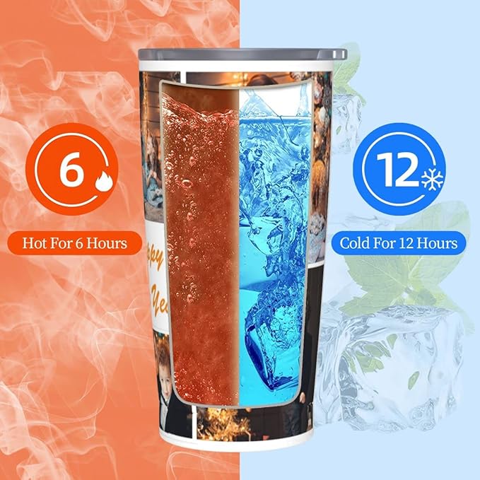 Personalized Custom tumbler Coffee Mug with Lid and Straw Hot and Cold Stainless Steel Vacuum Insulated Travel Mug with Photo Personalized tumbler Gift (20 oz, Funnel, 7 photos)