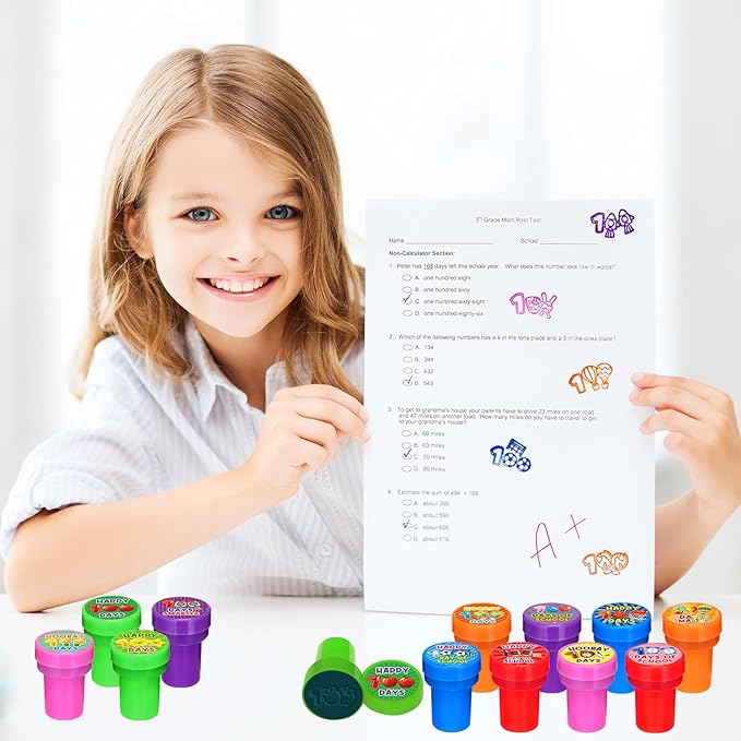 Cinrobiye 24 Pcs Happy 100th Day Party Stampers for Boys Girls,100th Day of School Party Supplies Favors, Classroom Rewards Carnival Prizes, Goodie Bag Pinata Fillers for 100 days of school (100 day)