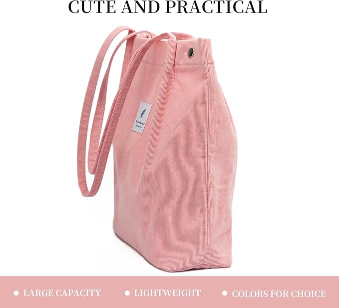 Corduroy Tote Bag Cute Tote Bags for Women Shoulder Bag with Inner Pocket for Work Beach Travel and Shopping Grocery