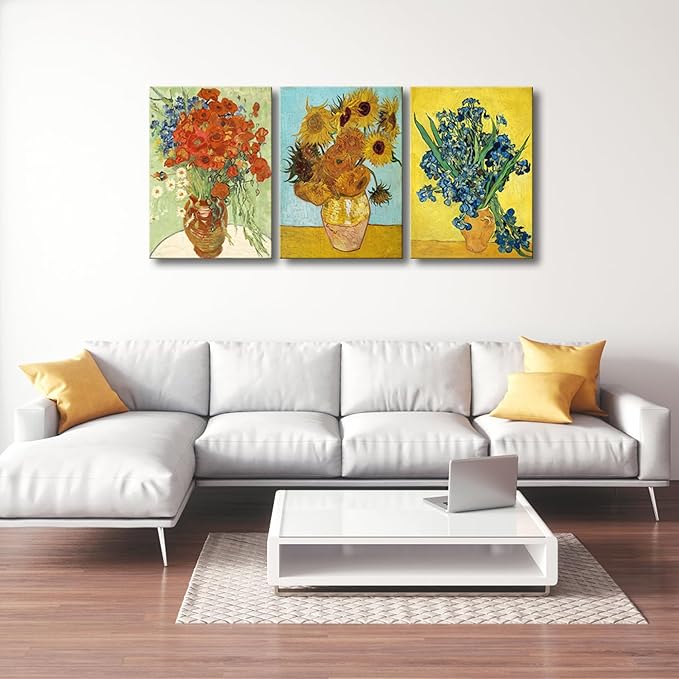 Wieco Art Large 3 Panels Canvas Prints of Vincent Van Gogh Paintings Reproduction Red Poppies and Daisies Sunflower Irises in Vase Canvas Wall Art for Living Room Home Office Decor
