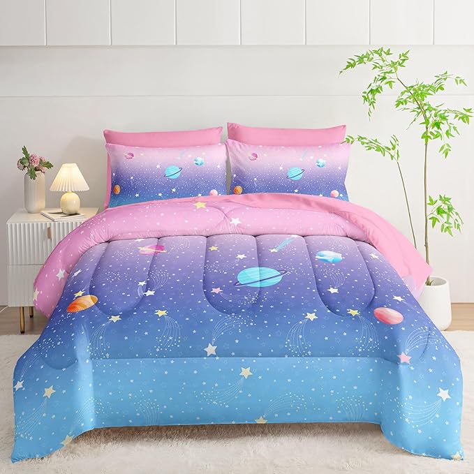 7Pcs Comforter Set Space Planet Multi Color Gradient Printed Bedding Set with 1 Comforter,1 Flat Sheet,1 Fitted Sheet and 4 Pillowcases for Boys and Girls Bedroom All Season(Queen)
