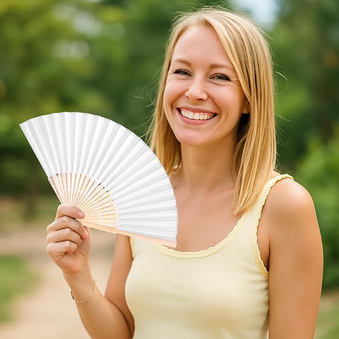 JOHOUSE 12 Pcs Wedding Fans, 8.3 Inch White Folding Hand Fans for Women, Wedding Guest Gifts, Party Favors, Dancing Props, DIY Crafts & Summer Cooling