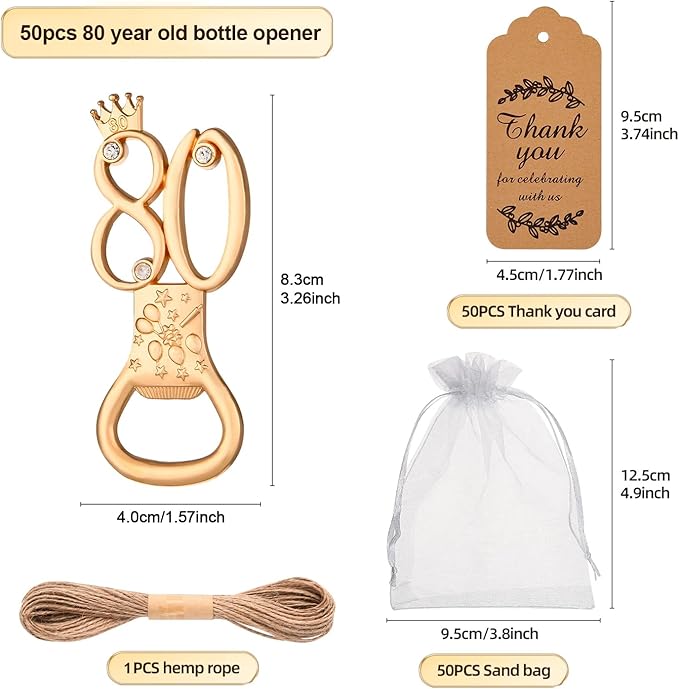 50Pcs 80th Birthday Bottle Opener Set, 80th Golden Bottle Openers Birthday Personalized Party Favors 80th Wedding Anniversaries Souvenirs Favors for Guests Gifts Decorations（80th）