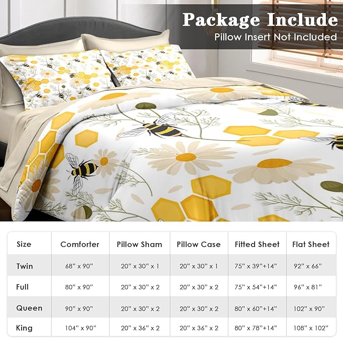 Comforter Set Full Size, Bees Honey Flower 7 Pcs Bedding for Kids and Adults, Spring Floral Summer Bed Sheet Sets with Fitted Sheet 2 Pillowcases & 2 Shams for Bedroom Bed Decor