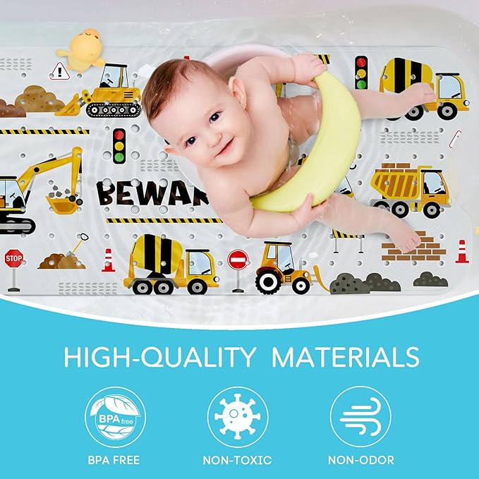 SHUCHING Baby Bath Mat for Tub Non Slip-40 X 16 Inch, Extra Long Kids Bathtub Mat Mold Free, Bathtub Shower Mat Anti Slip for Bathroom, Machine Washable, Vehicle