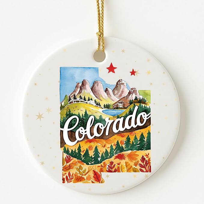 USA State Landmark Ceramic Ornament – Round Glossy Christmas Decoration Featuring U.S. State Art, Landmarks & Holiday Scenery – Collectible Travel Souvenir Ornament Series (Colorado)