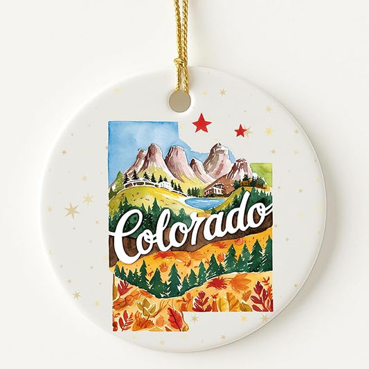 USA State Landmark Ceramic Ornament – Round Glossy Christmas Decoration Featuring U.S. State Art, Landmarks & Holiday Scenery – Collectible Travel Souvenir Ornament Series (Colorado)