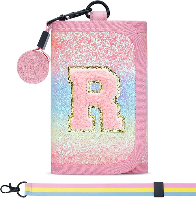 Gifts for Girls 3 4 5 6 7 8 9 10 11 12 Years Old Kids Wallet Cute Initial Coin Purse Toddler Wallet with Magic Sticker (Shiny Rainbow, R)